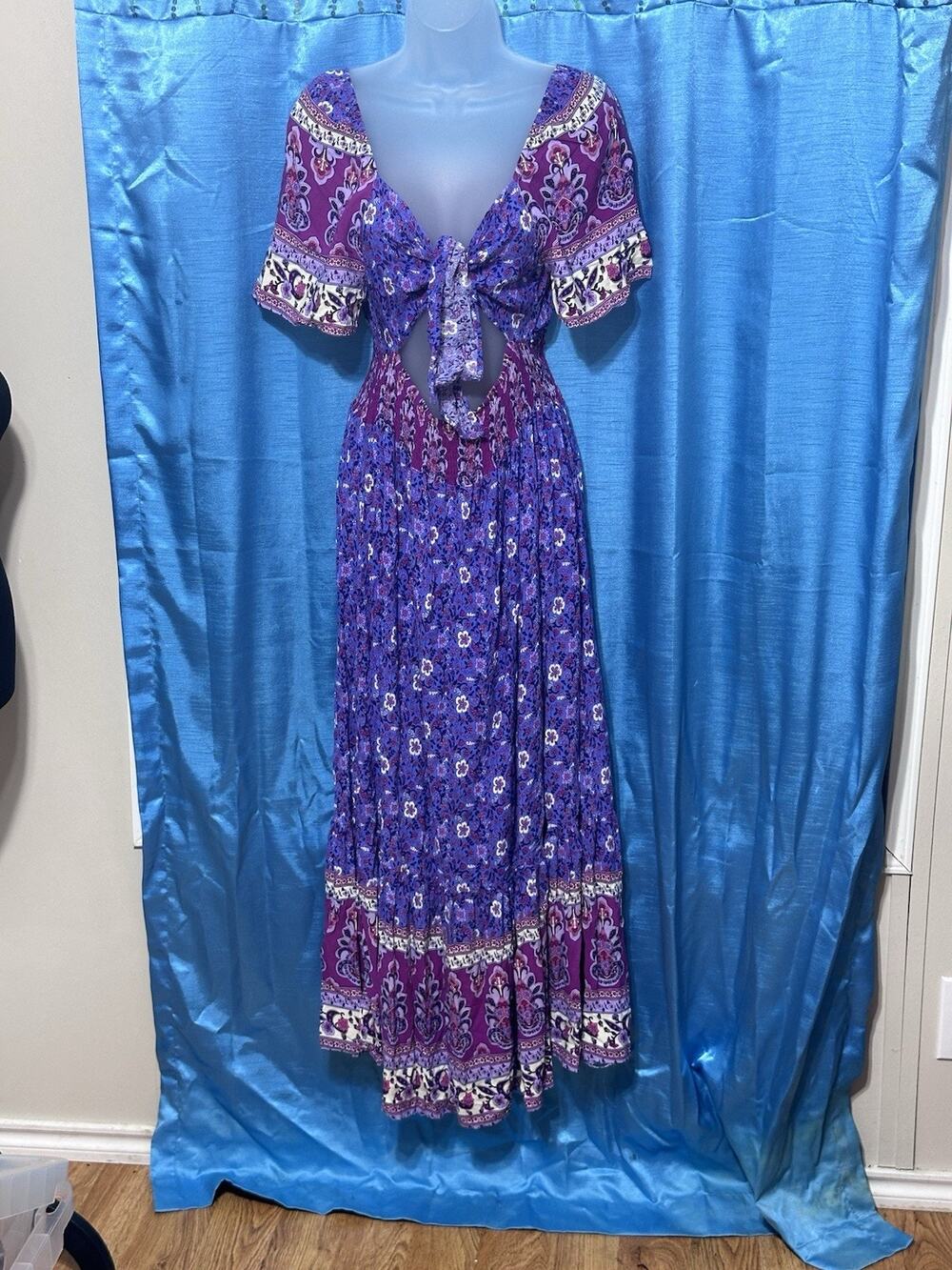 RustyDusty Purple Floral Print Maxi Dress Tie Bust Sz Women’s Lg Resort Beach